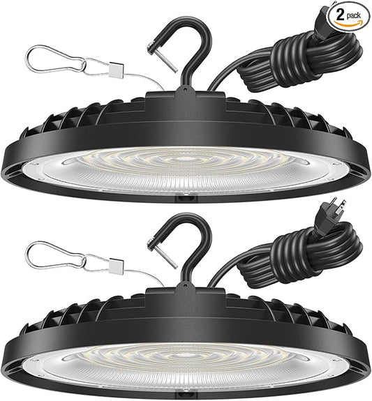 200W UFO LED High Bay Light, 28,000LM LED Shop Lights Fixture, 5000K, Replace 600W Halogen, 120VAC, Plug & Play Lighting for Warehouses, Workshops, Garages, and Barns – ETL Listed, 2 Pack