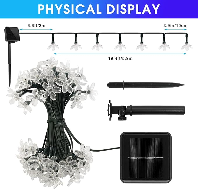 2 Pack Total 52FT 120 LED Solar String Lights Outdoor Waterproof Flower Fairy Lights for Garden Fence Patio Yard Christmas Tree Lawn Wedding Party Decor, Blue