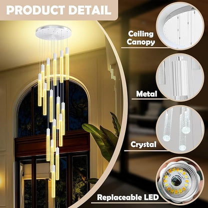 Luxurious K9 Crystal Chandelier,Silver 16-Light Large Modern Crystal Column Chandelier,Crystal Drop High Ceiling Pendant Light Fixture for Home Hotel Store