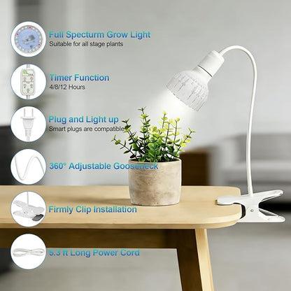 LED Grow Light, 5000K White Full Spectrum Clip-on Gooseneck Plant Lamp for Indoor Desk Plants Growing with 4/8/12H Timer, Bulb Replacement & Smart Plug Compatible(12W Equivalent 80W)