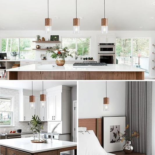 2-Pack Modern Pendant Lights for Kitchen Island, Adjustable Pendant Light Fixtures with Brown Wood Grain, Industrial Clear Glass Pendant Lights for Dining Table Hallway Bedroom Living Room