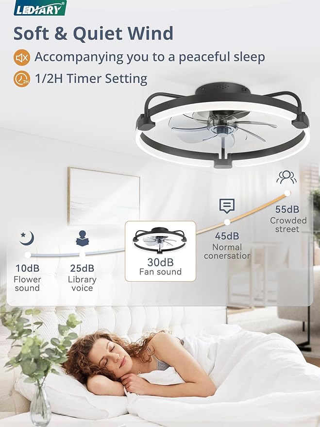 LEDIARY Ceiling Fans with Lights and Remote, 20'' Low Profile Ceiling Fan with Light, 3000-6000K Dimmable Fandelier LED Fan Light, 6 Wind Speeds, Black Modern Flush Mount Ceiling Fan for Bedroom