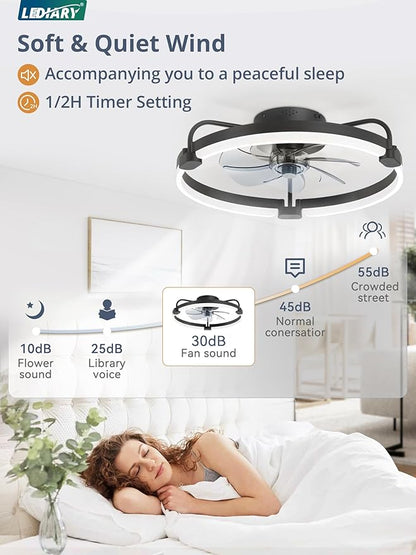 LEDIARY 2 Pack Ceiling Fans with Lights and Remote, 20'' Low Profile Ceiling Fan with Light, 3000-6000K Dimmable Fandelier LED Fan Light, 6 Wind Speeds, Black Flush Mount Ceiling Fan for Bedroom