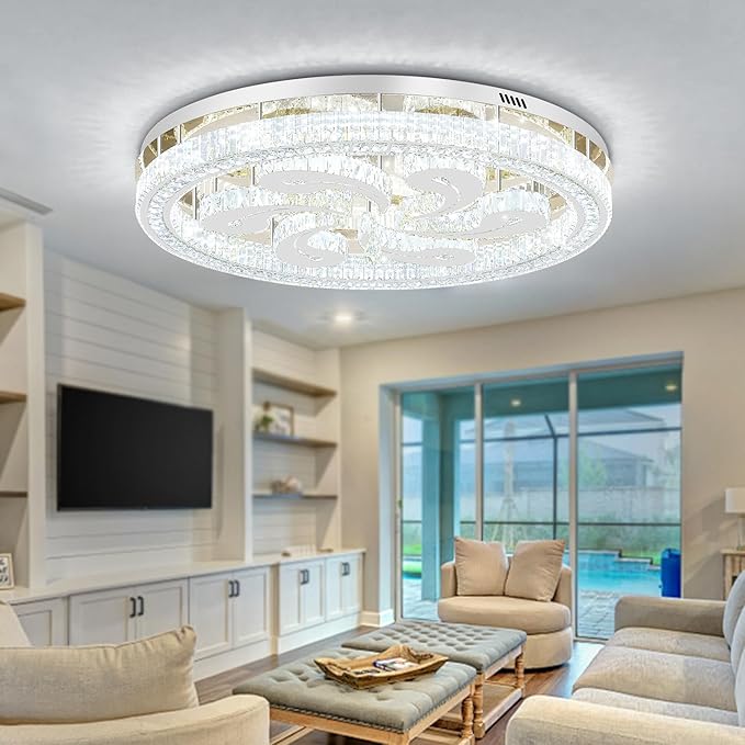 Modern Crystal Chandeliers for Dining Room Flush Mount Ceiling Chandelier for Living Room Dining Room Ring LED Crystal Ceiling Light (Round,40in Silver,Dimmable 2700K-6500K)