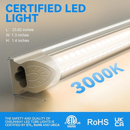 CNSUNWAY LED Shop Light 2FT, 22W 3300LM, 3000K Warm White, T8 LED Tube Lights, Ceiling and Utility Shop Lights, Linkable Light Fixture for Room, Garage, Workbench, ETL Listed (Pack of 2)