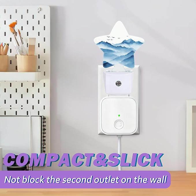 Night Lights Plug Into Wall Decorative,Watercolor Mountain Nightlights for Kids Bedroom, Blue Energy Efficient Dusk-to-Dawn Sensor Sleep Friendly Lamp for Nursery Bathroom