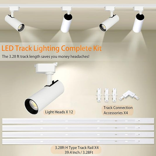 Ultra-Bright H Type White Track Lighting Kit with 13.1 FT Track Rails, 12 Heads 3000K Warm White 20W 2400lm, Dimmable Plug in LED Track Lights Modern Indoor Spotlight Fixture
