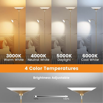 SIBRILLE Gold Torchiere Floor Lamp - 2 Way LED Standing Lamp with Reading Light, Dimmable 72'' Tall Lamp with Remote Color Changing, 34W Mordern Uplighter for Living Room Bedroom Office