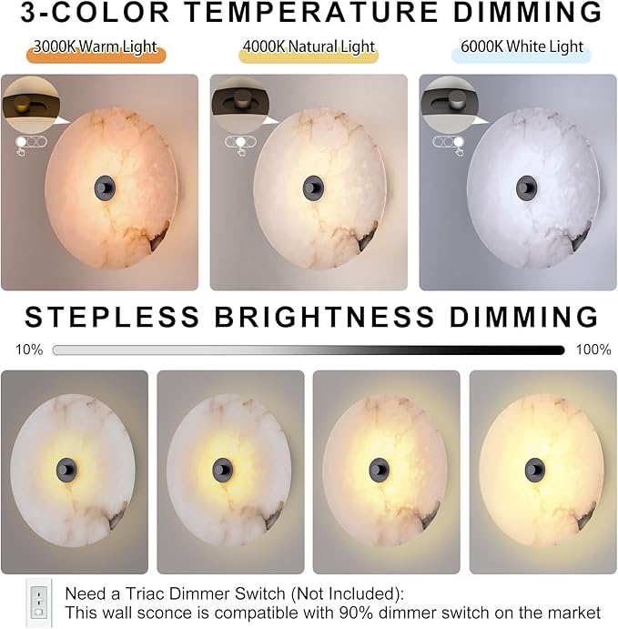 9.84 Inch Round Natural Alabaster Wall Sconce Marble Stone Light Decor for Wall, Dimmable 3CCT Hardwired Circular Sconce LED Modern Wall Lamp for Bedroom, Living Room, Bedside, Hallway (Gold)