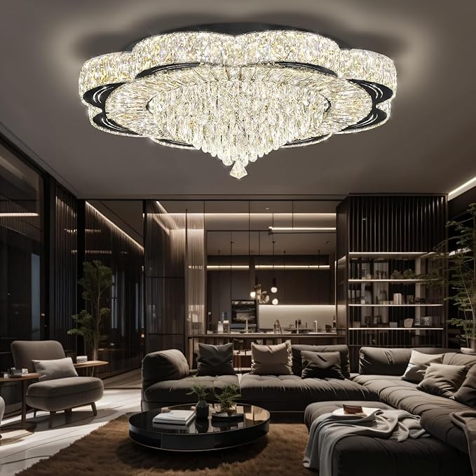 Modern Crystal Chandelier for Living Room Black 32in Crystal Raindrop Ceiling Light for Room Bedroom LED Dimmable 2700-6000K