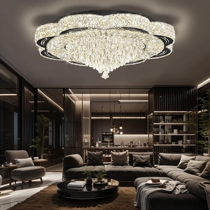 Modern Crystal Chandelier for Living Room Black 32in Crystal Raindrop Ceiling Light for Room Bedroom LED Dimmable 2700-6000K