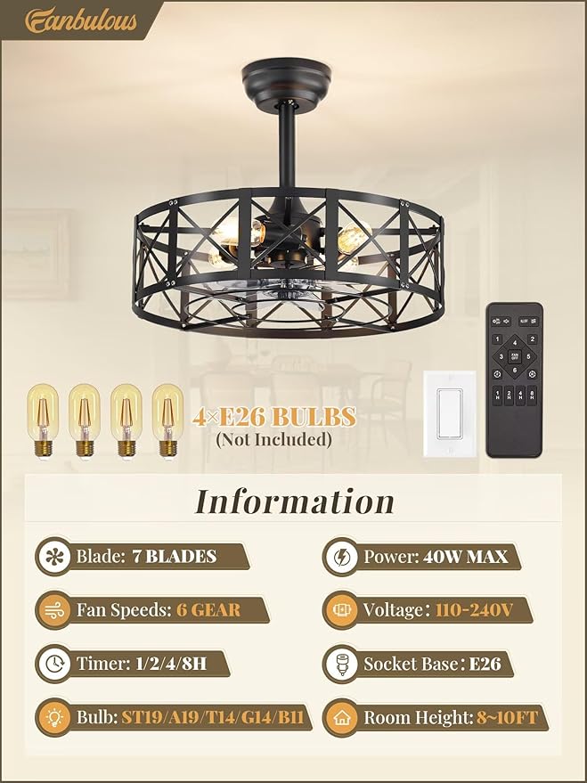 Fanbulous 20 Inch Fandelier Caged Ceiling Fans with Lights and Remote, Black Bladeless Ceiling Fan with 6 Speeds and Timing, Farmhouse Samll Fan Lights Ceiling Fixtures For Kitchen, Bedroom-Black