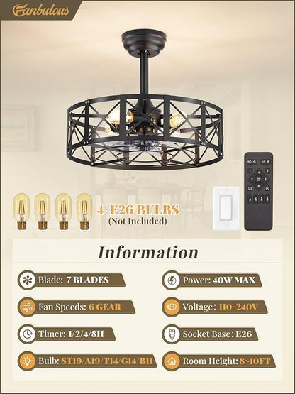 Fanbulous 20 Inch Fandelier Caged Ceiling Fans with Lights and Remote, Black Bladeless Ceiling Fan with 6 Speeds and Timing, Farmhouse Samll Fan Lights Ceiling Fixtures For Kitchen, Bedroom-Black
