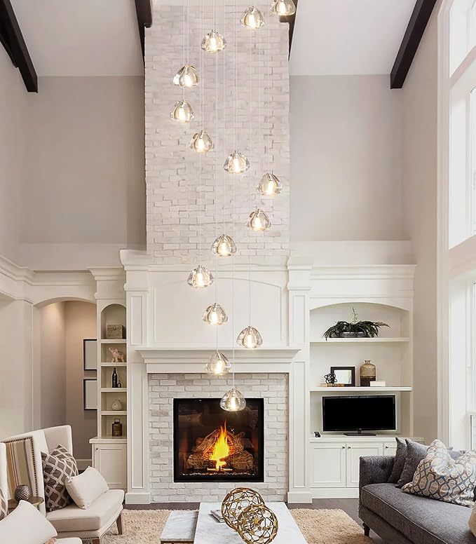 HAIXIANG LED Glam Chandelier 118 inches Long Light Luxury Crystal Ceiling Chandeliers Remote Dimmable High Ceiling Pendants Lighting Fixtures Brushed Nickel 15 Lights