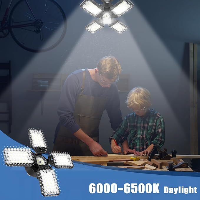 Aoretic LED Garage Lights 4 Pack -120W, 12000LM 6500K Led Shop Light with 4+1 Deformable Panels, Basement Barn Light Garages Ceiling Lights, E26/E27 for Garage, Warehouse, Shop