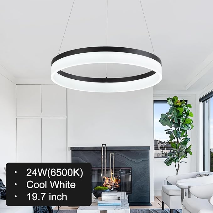 Buccleuch Modern LED Chandelier - Dimmable 19.7" Black Round Pendant Light, Height Adjustable UL-Certified Ceiling Light for Dining Room, Kitchen Island, Living Room, Bedroom, Foyer, 6500K