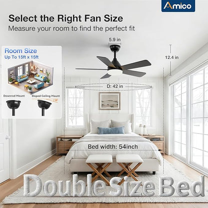 addlon Ceiling Fans with Lights, 42 inch Black Ceiling Fan with Light and Remote Control, Reversible, 3CCT, Dimmable, Noiseless, Small Ceiling Fan for Bedroom, Farmhouse, Indoor/Outdoor Use