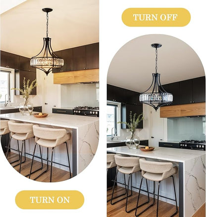 Crystal Chandeliers for Dining Room, Modern Black Crystal Chandelier Light Fixture, Round Rustic Farmhouse Hanging Light for Living Room Kitchen Hallway Bedroom Foyer, 15.7 Inch, 4-Light