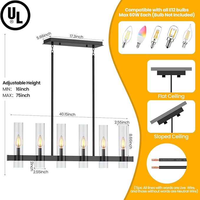 Island Lights for Kitchen,6-Light Modern Farmhouse Chandeliers for Dining Room,Large Linear Pendant Light Fixtures,Adjustable Height Hanging Dining Room Chandelier Over Table,Clear Glass Shade