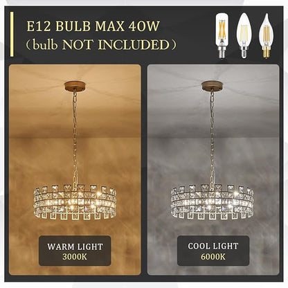 CATINER Gold Crystal Chandelier 18'' Round, Modern 6-Light Semi Flush Mount Ceiling Light, Adjustable Hanging Crystal Pendant Light with G9 Base for Kitchen Island, Dining Room, Bedroom, Entryway