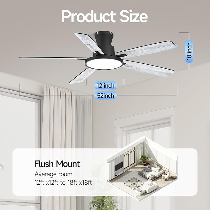 Ceiling Fans with Lights,52 inch,Nightlight,Quiet,Reversible Motor,6 Speeds,Timer, Low Profile Ceiling Fan for Bedroom,Living Room,Indoor/Outdoor Use(Gray)