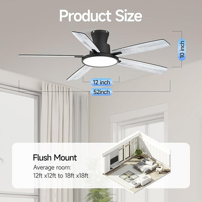 Ceiling Fans with Lights,52 inch,Nightlight,Quiet,Reversible Motor,6 Speeds,Timer, Low Profile Ceiling Fan for Bedroom,Living Room,Indoor/Outdoor Use(Gray)