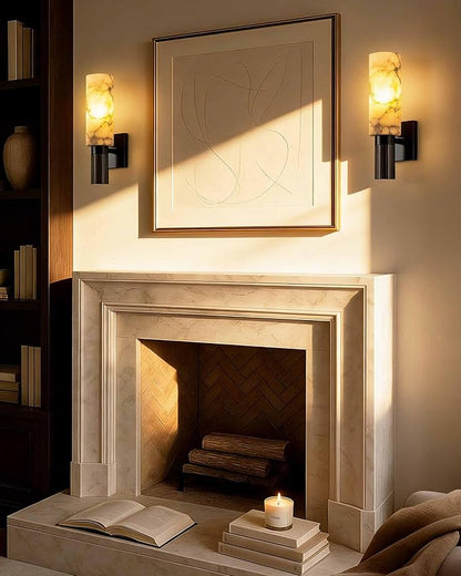 Modern Alabaster Sconce Marble Wall Sconce for Living Room Black Base Bathroom Vanity Wall Sconce Lighting Stone Marble Wall Lamp for Bedroom Corridor Stairs Restaurant