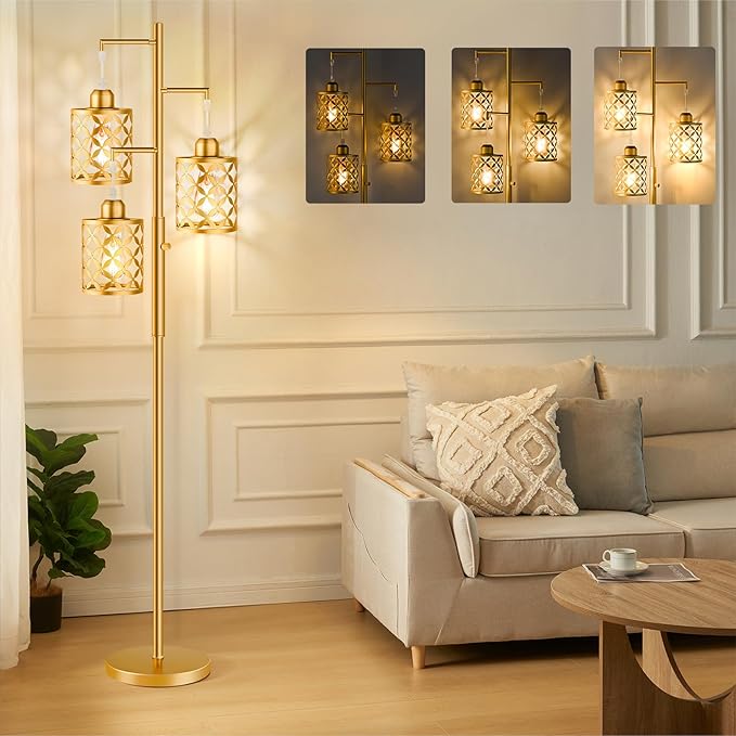 Dimmable Floor Lamp, Farmhouse Standing Lamp with Elegant Metal Cage, Industrial Tall Tree Floor Lamps for Living Room, Bedroom, Study Room, Office, 2000LM LED Bulbs Included - 68", Gold