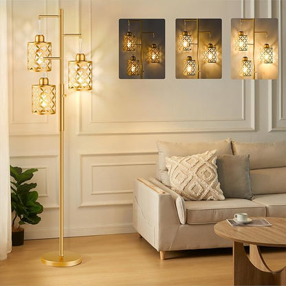 Dimmable Floor Lamp, Farmhouse Standing Lamp with Elegant Metal Cage, Industrial Tall Tree Floor Lamps for Living Room, Bedroom, Study Room, Office, 2000LM LED Bulbs Included - 68", Gold