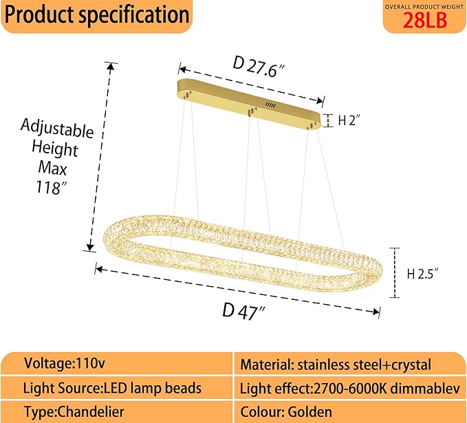 LED Crystal Ring Chandelier, 47.2'' Gold Crystal Ring Pendant Light for Kitchen Island Modern Linear Oval Chandeliers for Dining Room Dimmable 3000K-6000K