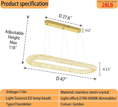 LED Crystal Ring Chandelier, 47.2'' Gold Crystal Ring Pendant Light for Kitchen Island Modern Linear Oval Chandeliers for Dining Room Dimmable 3000K-6000K