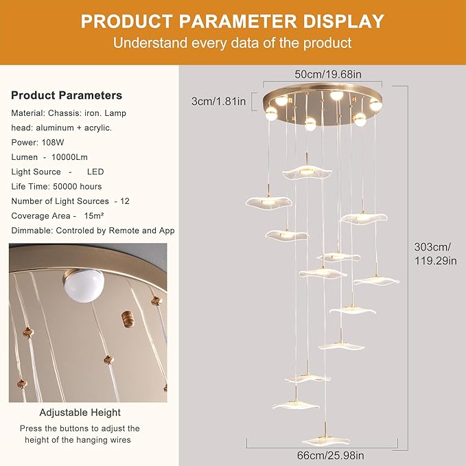 GEADI High Ceiling Chandelier,Petal Dimmable Modern LED Pendant Light with Remote Control,12-Light Height Adjustable Foyer Chandelier,Suitable for Staircase,Living Room,Entryway（Gold ）