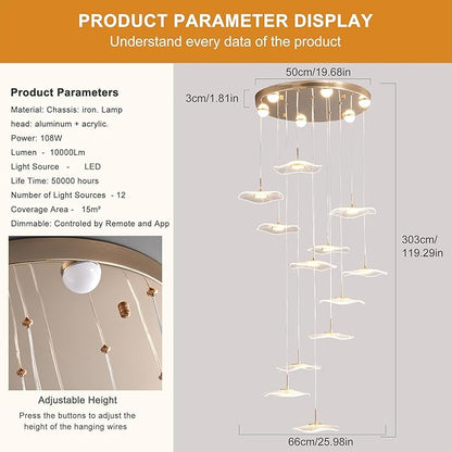 GEADI High Ceiling Chandelier,Petal Dimmable Modern LED Pendant Light with Remote Control,12-Light Height Adjustable Foyer Chandelier,Suitable for Staircase,Living Room,Entryway（Gold ）