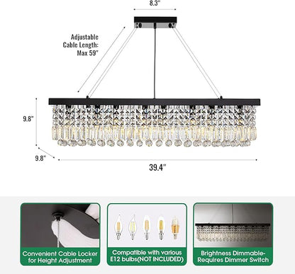 Black Modern Crystal Chandeliers for Dining Room Kitchen Island Light Fixture, 8-Light Rectangle Chandelier for Living Room, L39.4 Inch