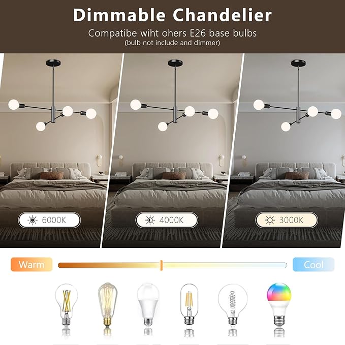 Modern Sputnik Chandelier 4-Light Black, Mid Century Chandelier for Living Room, Kitchen, Dining Room, Bedroom,Foyer - Height Adjustable (Bulbs Not Included)