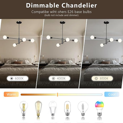 Modern Sputnik Chandelier 4-Light Black, Mid Century Chandelier for Living Room, Kitchen, Dining Room, Bedroom,Foyer - Height Adjustable (Bulbs Not Included)