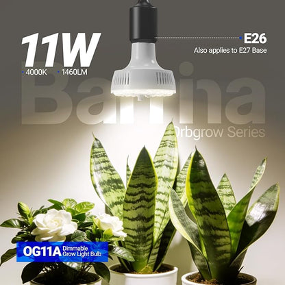 Barrina Orbgrow OG11A Grow Light Bulbs for Indoor Plants, Integrated Dimming & Timing, 4000K 11W(100 Watt Equiv), E26 Plant Light Bulb, Full Spectrum, High PPFD for Seeds and Greens, 1 Pack, White