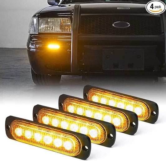 Xprite 4PCS LED Emergency Strobe Lights, Amber 6-LED Surface Mount Flashing Strobe Lights, Sync Feature Ultra Slim Grill Light for Off-Road Vehicles ATV SUV Trucks Cars