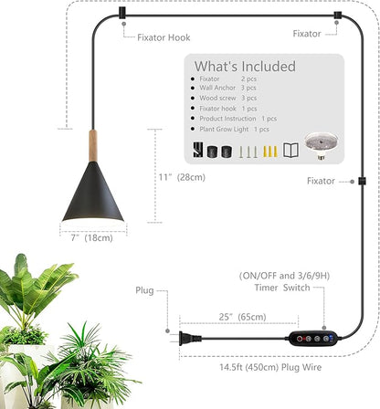 Hanging Grow Lights for Indoor Plants,Pendant Plant Lights for Indoor Growing,15W Full Spectrum, with Timer and 15FT Power Cord, Hanging Grow Light,Large Tall Plant Greenhouse (Black)