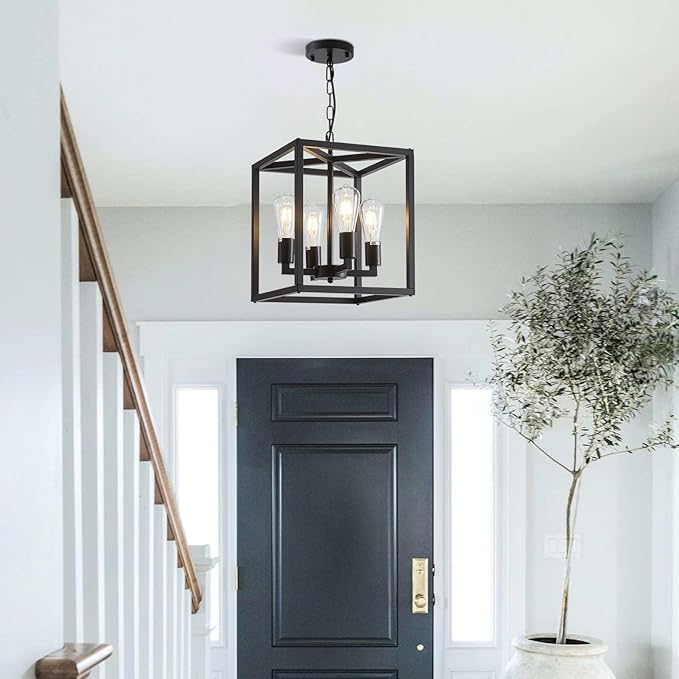 Lanhall 4-Light Farmhouse Chandelier Fixture Rustic Industrial Pendant Lighting Adjustable Height Metal Cage E26 Hanging Lights for Kitchen Island, Dining Room, Living Room, Bedroom, Foyer, Entry