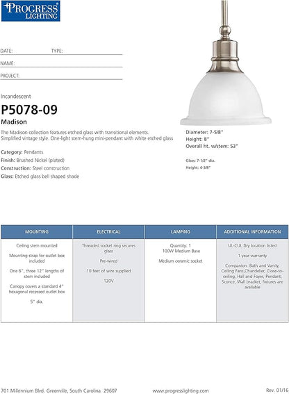 Progress Lighting P5078-09 Madison Pendants, 7-1/2-Inch Diameter x 8-Inch Height, Brushed Nickel