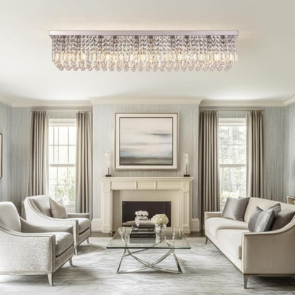 12-Lights Crystal Chandeliers Modern Crystal Rectangular Flush Mount Chandelier with Raindrop Crystals Pendant Light Fixture for Dining Dining Room Kitchen Dining Room Bedroom Bathroom Hotel