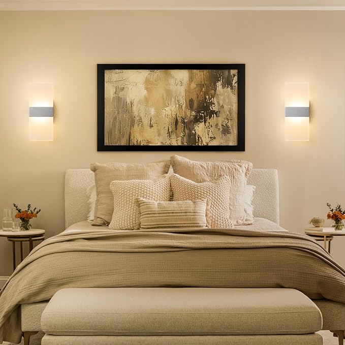 Modern LED Wall Sconces Set of Two, 12 Inch Indoor Dimmable Brushed Nickel Wall Lights, 12W 2700K-5000K Adjustable, Hardwired Acrylic Wall Sconces for Living Room Bedroom Hallway, ETL