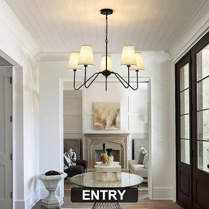 Chandelier with Linen Shade, Black Dining Room Light Fixtures Over Table, Classic Pendant Light Fixtures Ceiling Hanging Lighting for Living Room Bedroom, 5-Arm, 30" Dia
