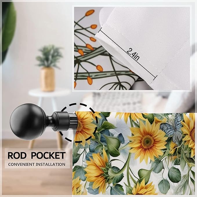 Yellow Sunflower Country Kitchen Curtain 27.5W X 39L Inch 2 Panel Rod Pocket Rustic Floral Flower Butterfly Farmhouse Over Sink Set Small Short Cafe Tier Window Drapes Bathroom Home Decor