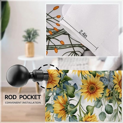 Yellow Sunflower Country Kitchen Curtain 27.5W X 39L Inch 2 Panel Rod Pocket Rustic Floral Flower Butterfly Farmhouse Over Sink Set Small Short Cafe Tier Window Drapes Bathroom Home Decor