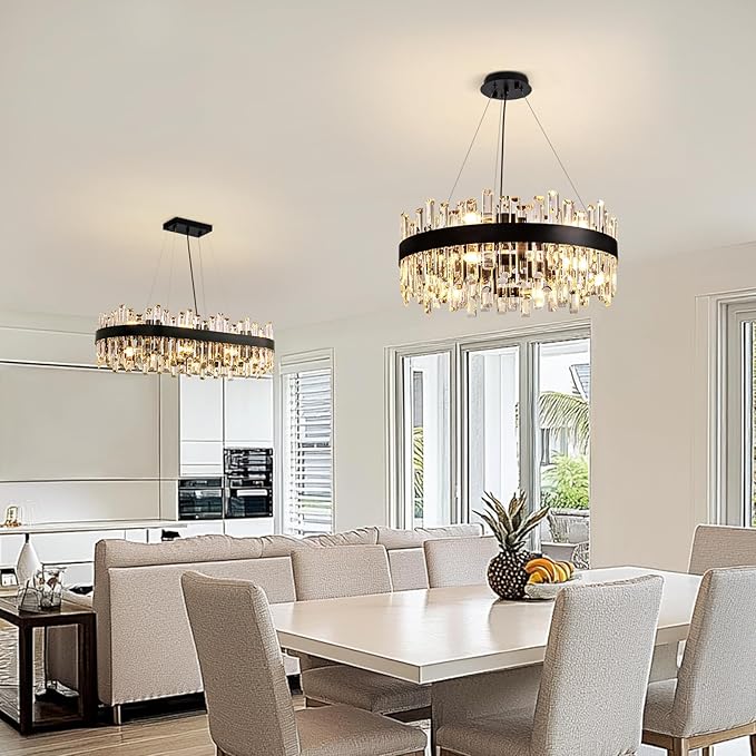 12-Light Modern Crystal Chandelier for Dining Room, Black Round Flush Mount Ceiling Light, Luxury 2-Tiers K9 Crystal Raindrop Chandelier for Living Room Entryway Foyer Bathroom D23.6''