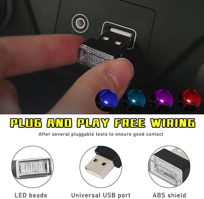 Augeny 4 PCS USB LED Car Interior Atmosphere Lamp, Plug-in USB Decor Night Light, Portable Auto Ambient Lighting Kit, Universal Vehicle Interior Accessories for Most Cars (Blue+Ice Blue+Red+Purple)