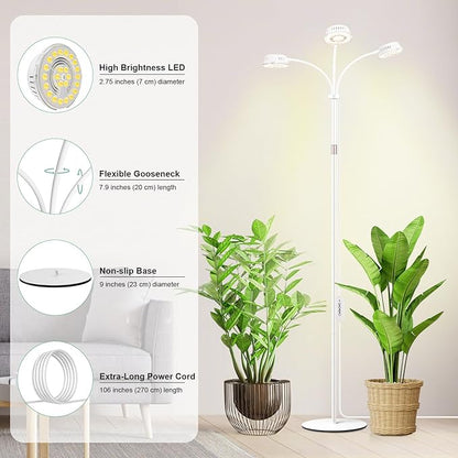 LORDEM Full Spectrum Plant Light for Indoor Growing,Tri-Head Grow Light with Stand for Large Plants,Auto ON/Off Timer 6/8/12/16H, 5 Dimmable Levels, 20-70 inches Adjustable Height