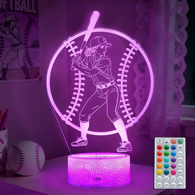 Baseball Gifts for Girls, Baseball Night Light, 3D Illusion Lamp with 16 Colors Changing, Timer, 4 Flash Modes and Dimmable, Accessories Stuff for Room Decoration, Kids Girls Holiday Xmas Gifts